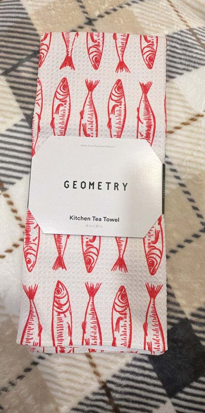 Geometry Kitchen Tea Towel Size 18 in x 30 in Sardine Red Fish
